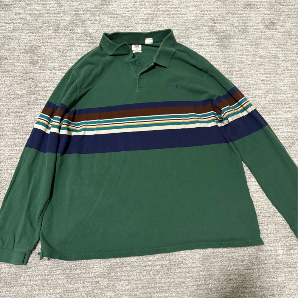 Green Striped Long Sleeve Polo Shirt